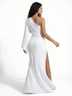 Laressa One-Shoulder White Evening Gown  Asymmetric Cut-Out Luxury Dress