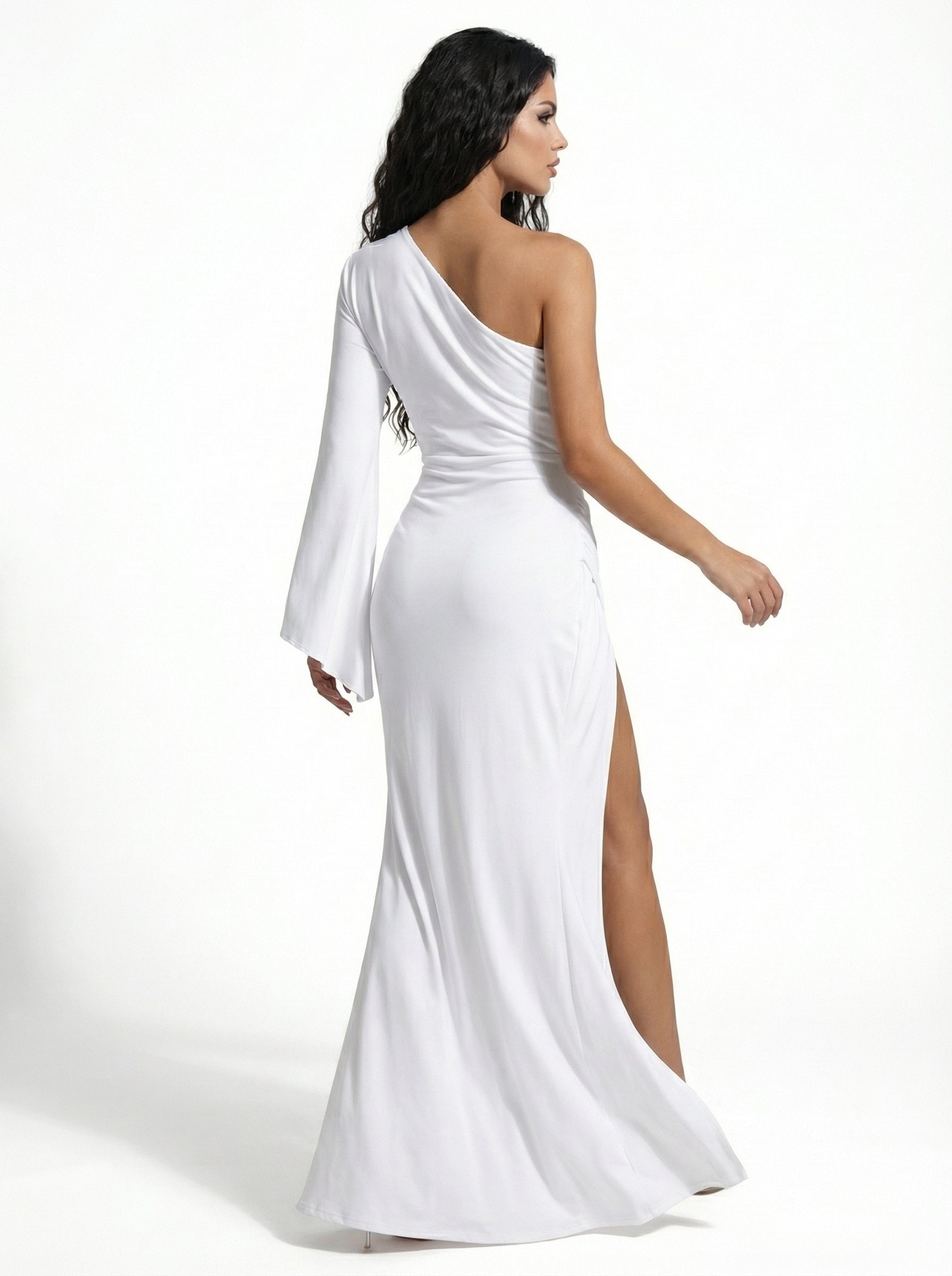 Laressa One-Shoulder White Evening Gown  Asymmetric Cut-Out Luxury Dress