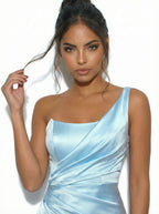 Castella One-Shoulder Sky Blue Satin Maxi Dress with Thigh-High Slit