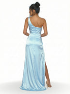 Castella One-Shoulder Sky Blue Satin Maxi Dress with Thigh-High Slit