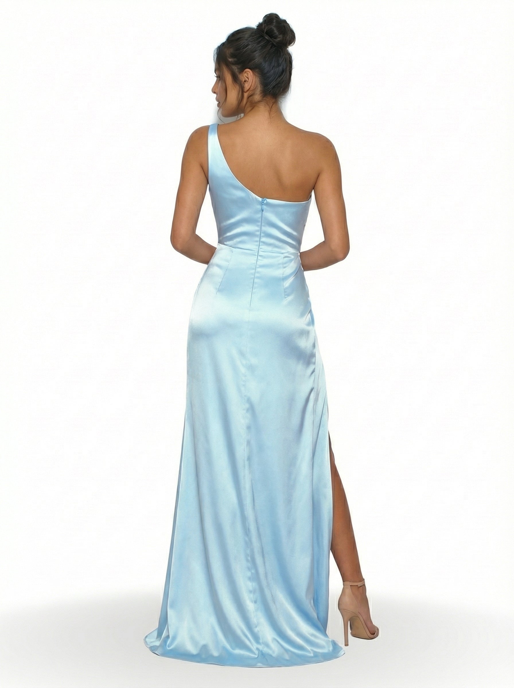 Castella One-Shoulder Sky Blue Satin Maxi Dress with Thigh-High Slit