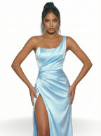 Castella One-Shoulder Sky Blue Satin Maxi Dress with Thigh-High Slit