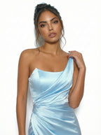 Castella One-Shoulder Sky Blue Satin Maxi Dress with Thigh-High Slit