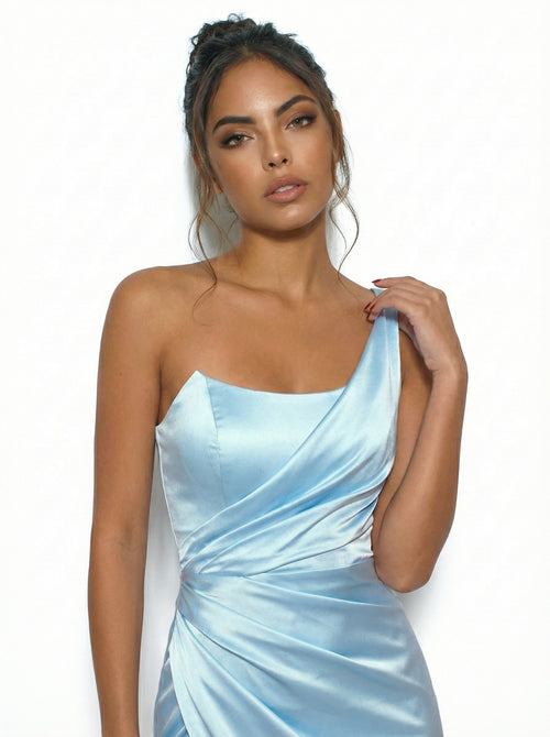 Castella One-Shoulder Sky Blue Satin Maxi Dress with Thigh-High Slit