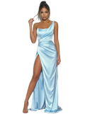 Castella One-Shoulder Sky Blue Satin Maxi Dress with Thigh-High Slit