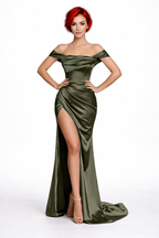 Cirelle Satin Off-Shoulder Evening Gown Elegant Draped Slit Dress for Luxury Occasions
