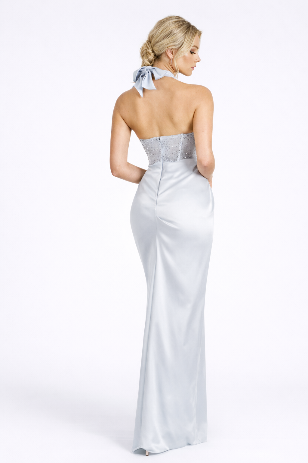 Fiorenza Luxury Satin Evening Dress – Crystal Corset Halter Gown
