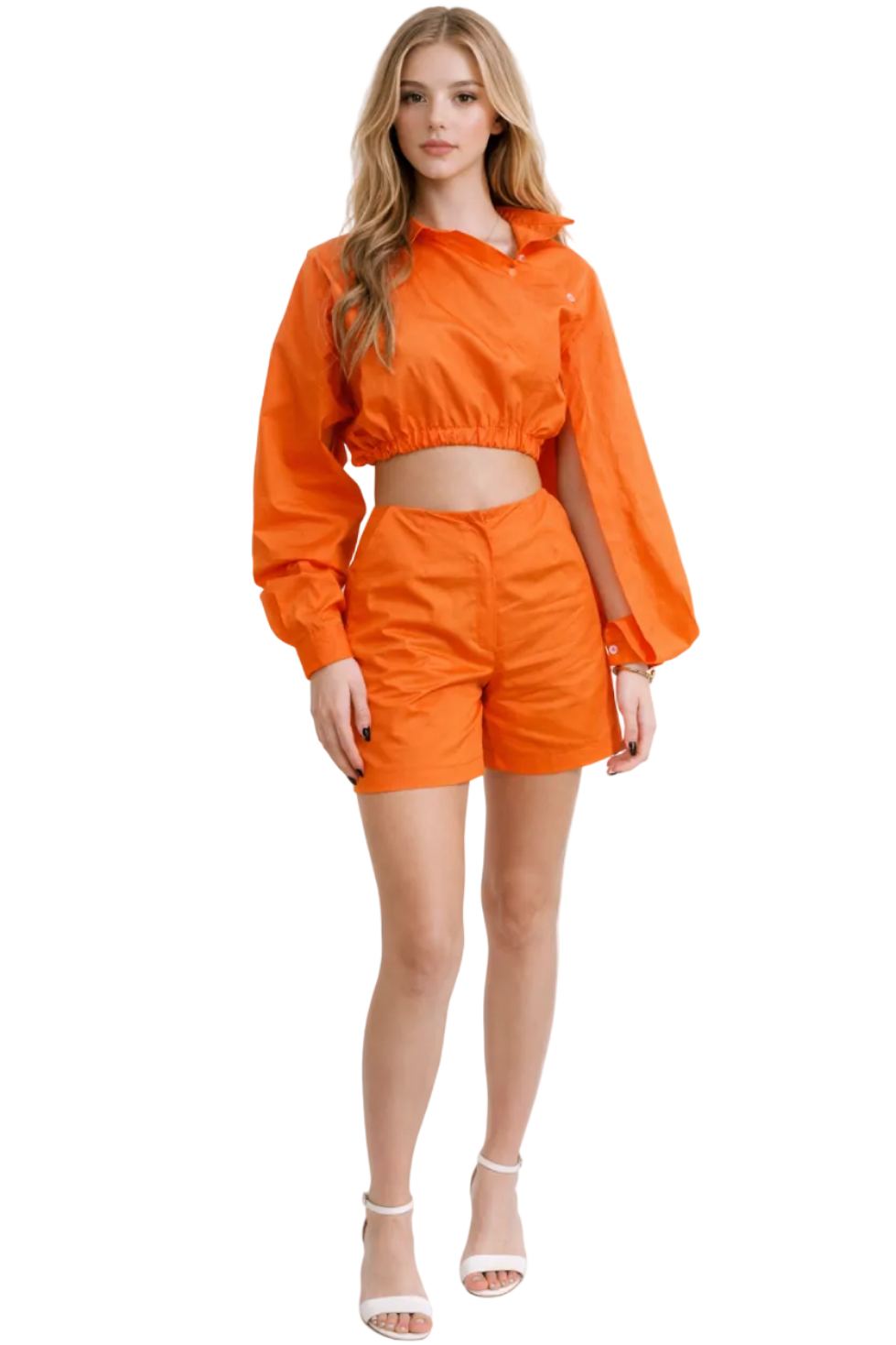 Woman wearing an orange outfit on a white background
