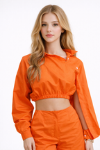 Scarlett Virelle Two-Piece Set Asymmetrical Sleeve Luxury Crop Top & High-Waisted Shorts