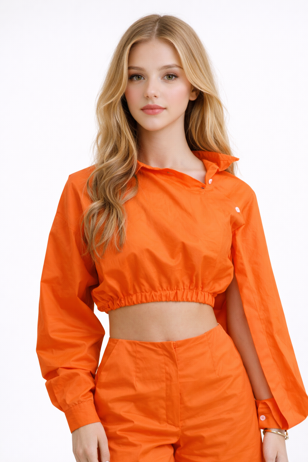 Scarlett Virelle Two-Piece Set Asymmetrical Sleeve Luxury Crop Top & High-Waisted Shorts