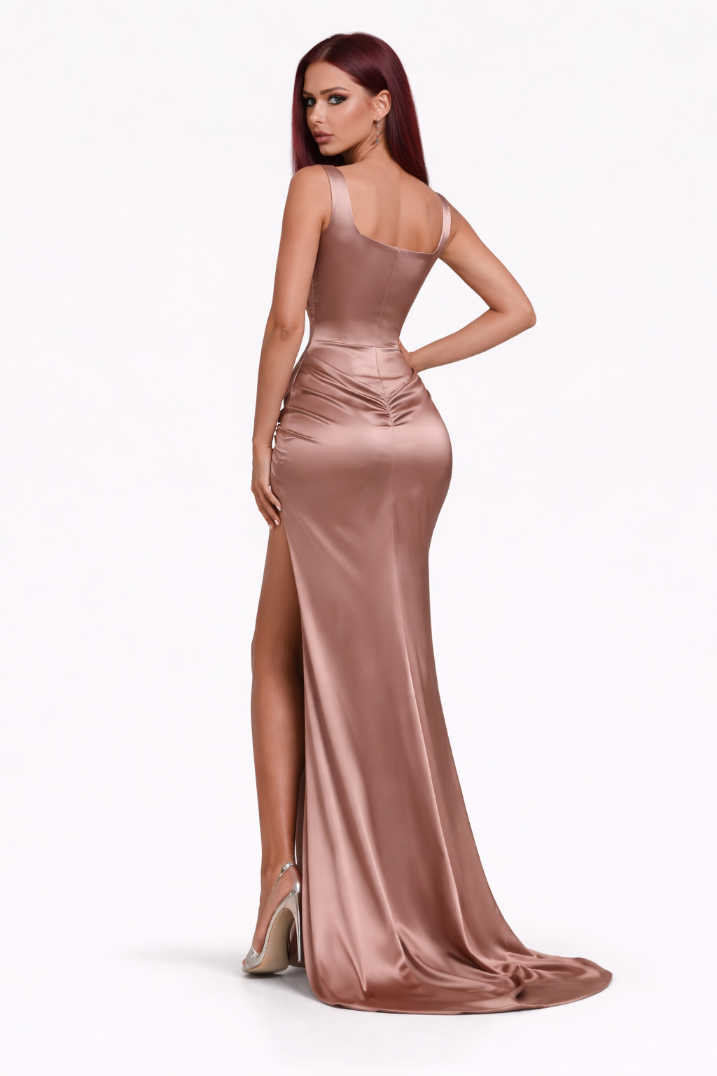 Marinalyce Elegant Satin Evening Dress with High Slit and Draped Waist