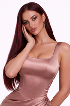 Marinalyce Elegant Satin Evening Dress with High Slit and Draped Waist