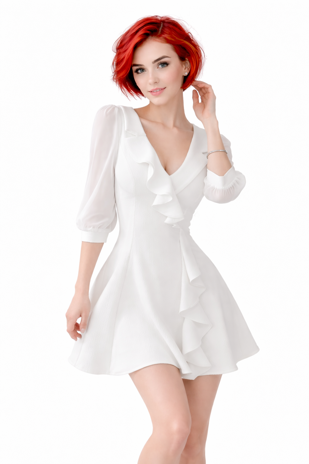 Bianca Flare White Mini Dress Elegant Ruffled V-Neck