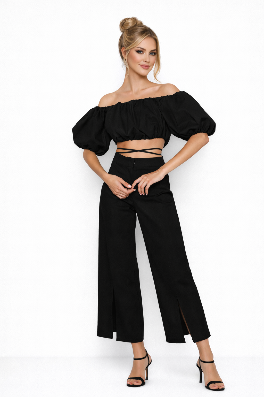 Calyra Off-Shoulder Two-Piece Set – Elegant Puff Sleeve Crop Top & High-Waisted Slit Pants