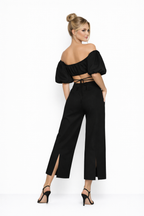 Calyra Off-Shoulder Two-Piece Set – Elegant Puff Sleeve Crop Top & High-Waisted Slit Pants