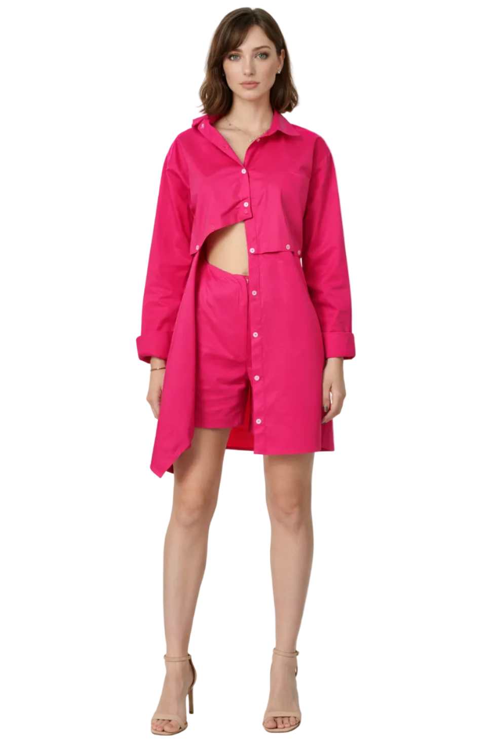 Woman wearing a bright pink outfit with a shirt and shorts on a white background