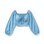 Izabella Cropped Blouse Elegant Puff Sleeve Tie Front Top
