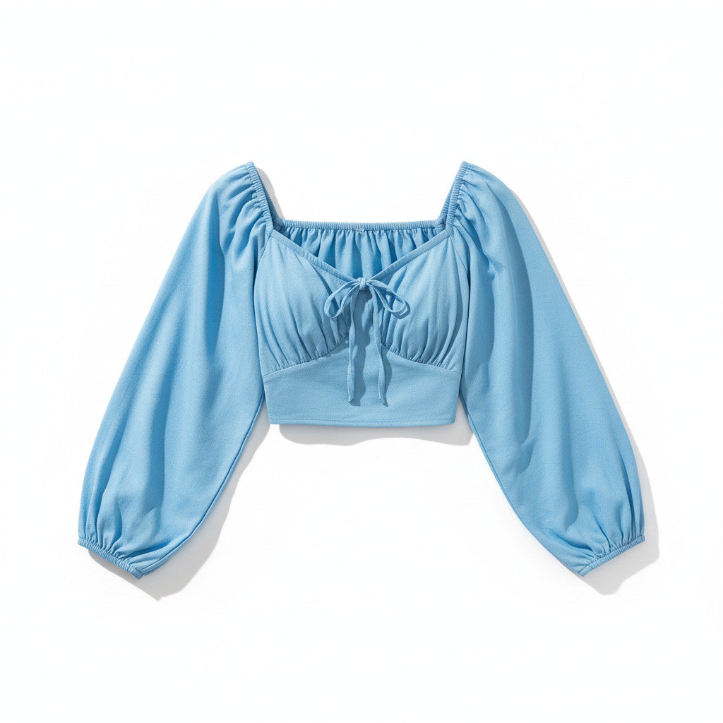 Izabella Cropped Blouse Elegant Puff Sleeve Tie Front Top