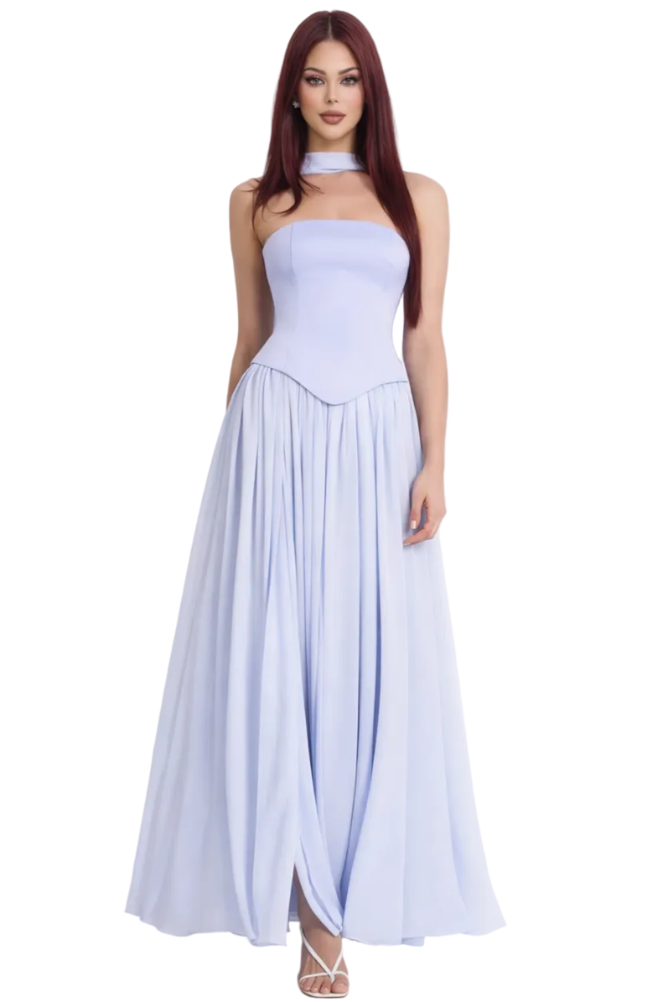 Woman wearing a light blue strapless gown on a white background