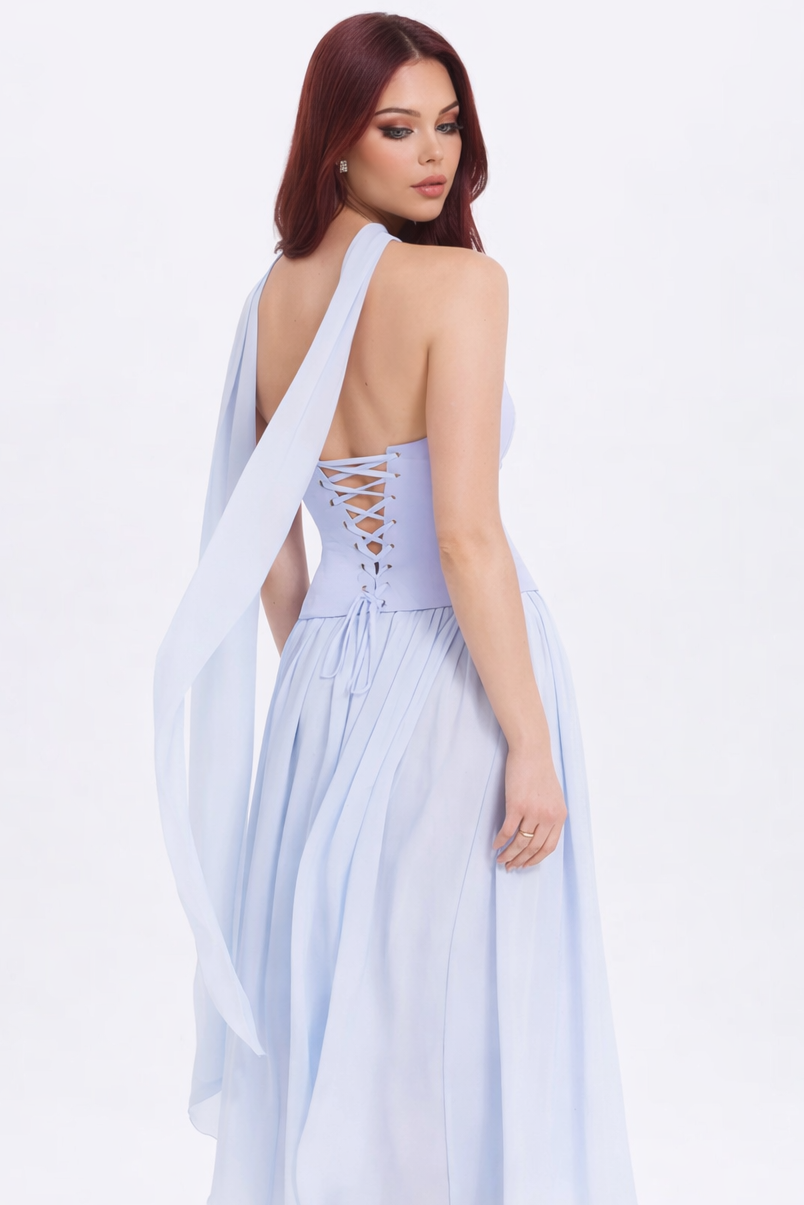 Castelar V Strapless Chiffon Occasion Dress Elegant Structured Bodice with Flowing Skirt