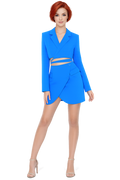 Woman wearing a bright blue dress with a white background