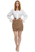 Woman wearing a white blouse and brown skirt on a white background