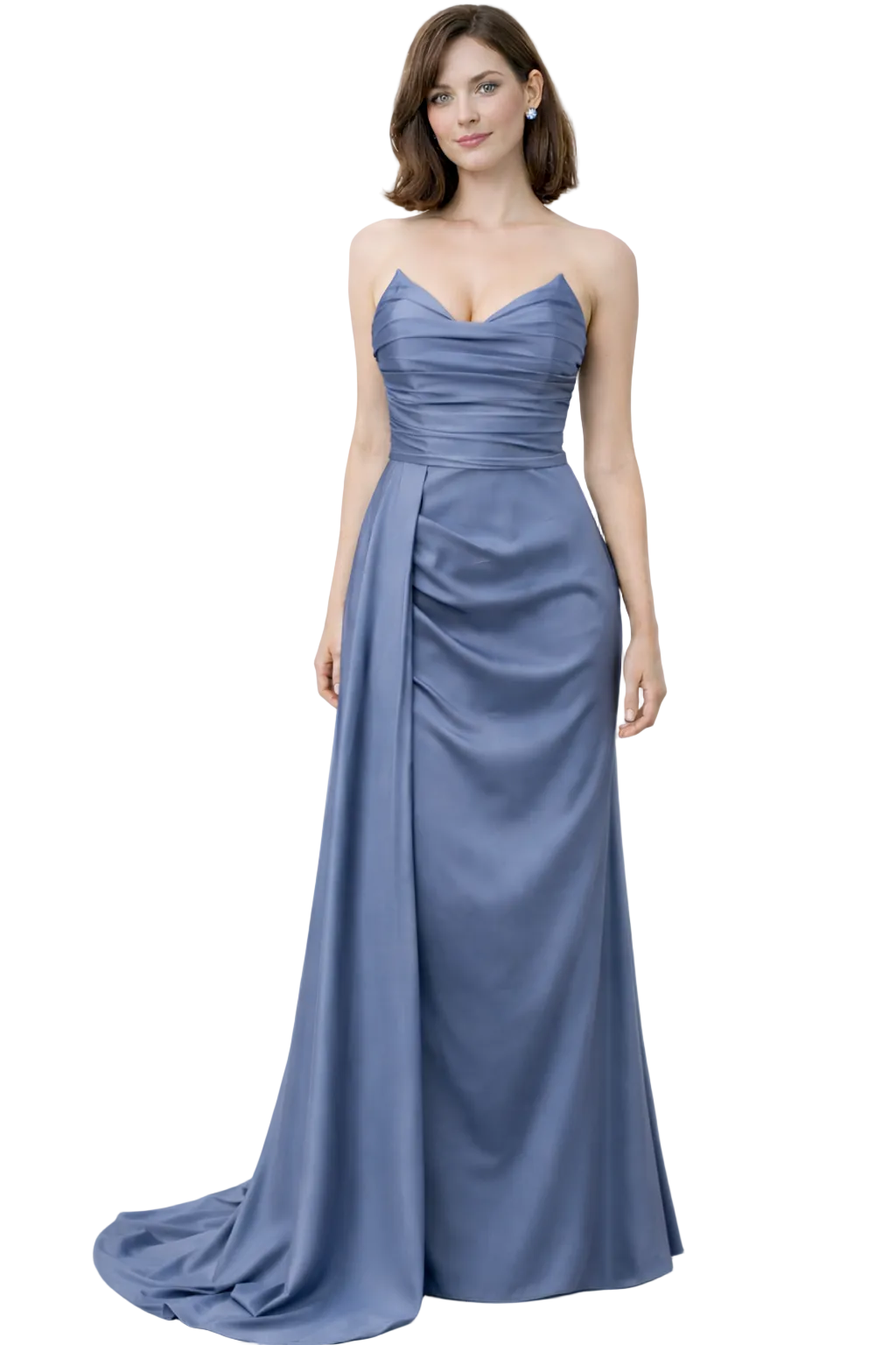 Woman wearing a blue strapless gown on a white background