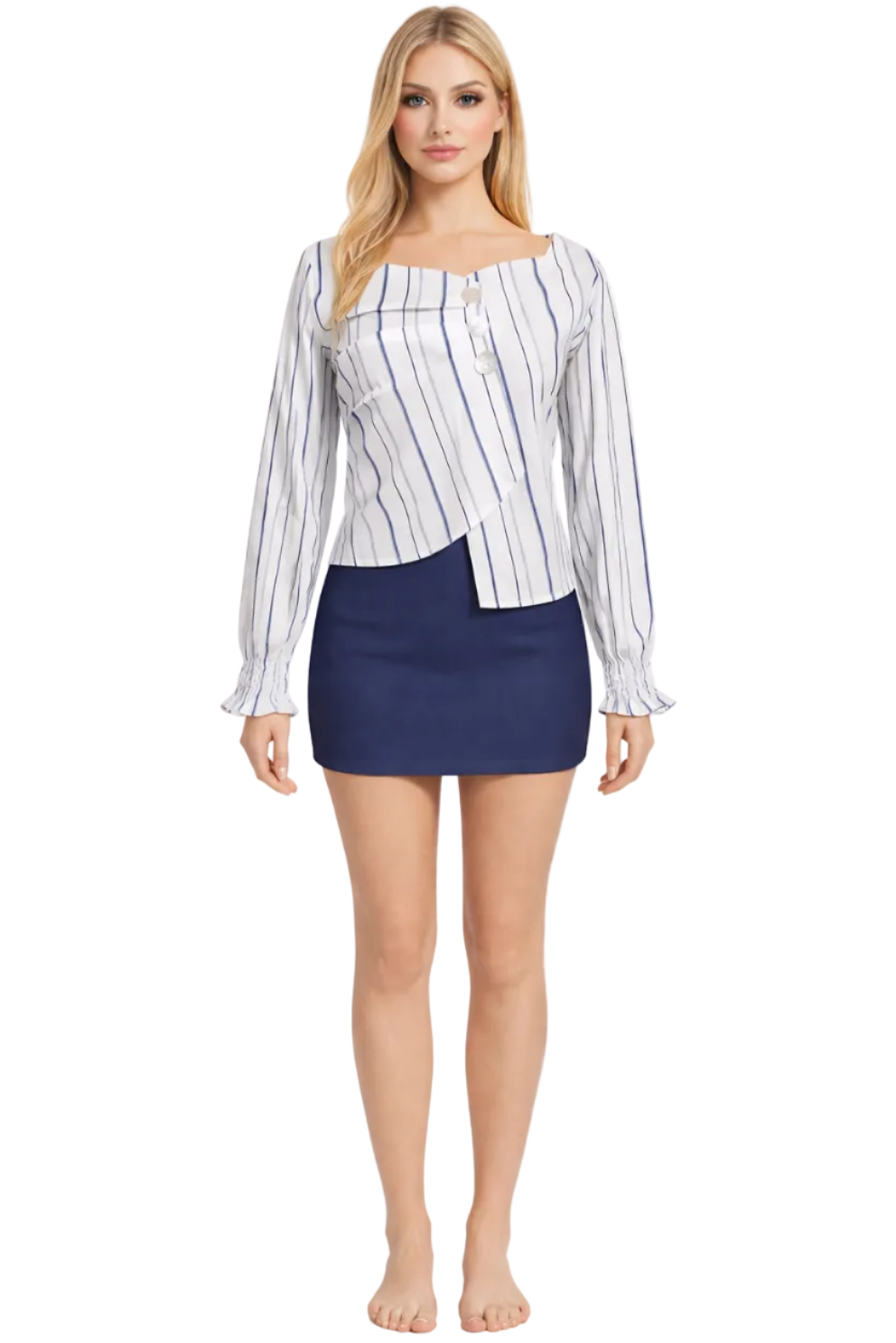 Woman wearing a striped shirt and navy skirt on a white background
