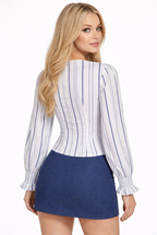 Caspian Wrap Nautical Striped Asymmetric Blouse with Smocked Cuffs