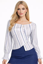 Caspian Wrap Nautical Striped Asymmetric Blouse with Smocked Cuffs