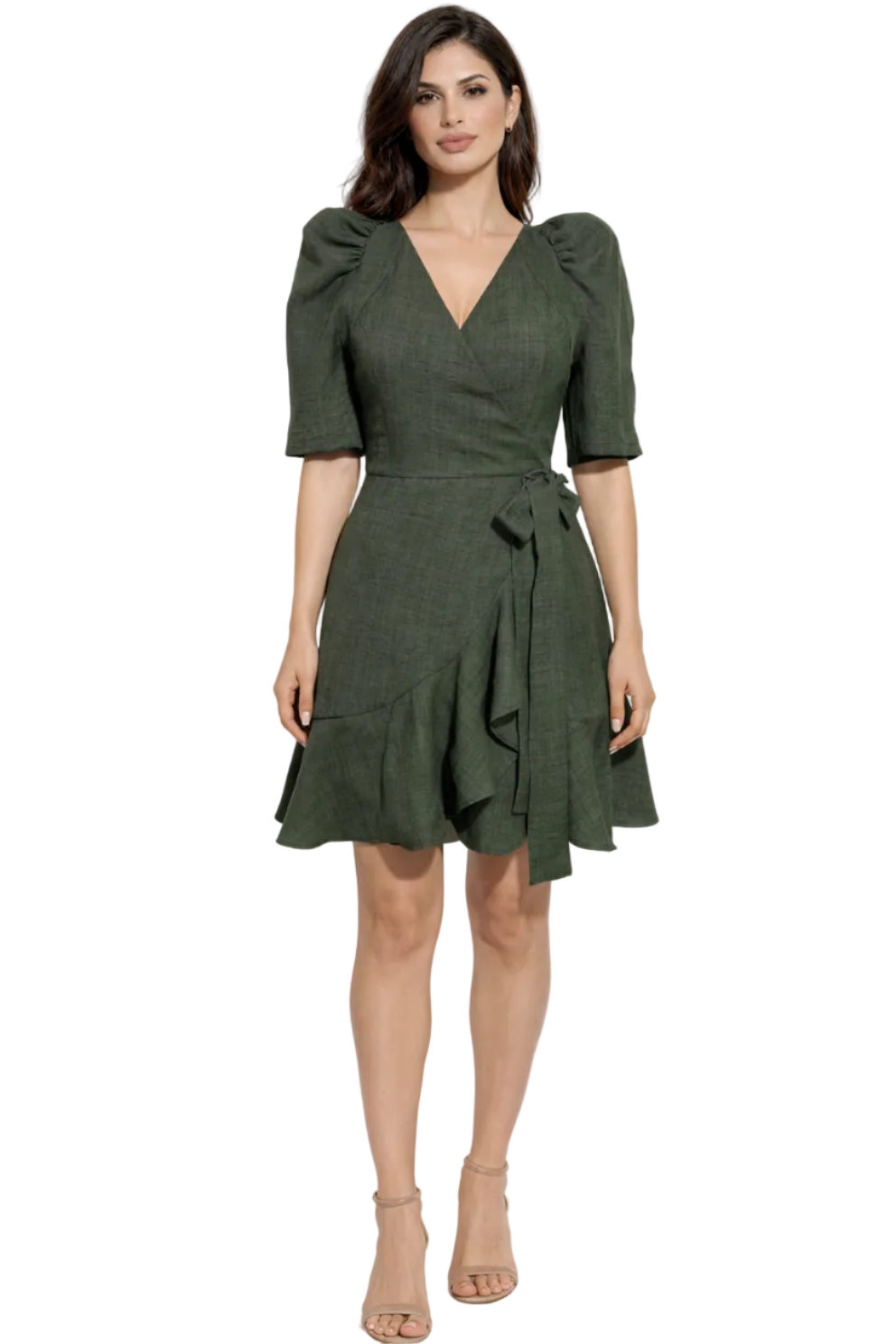 Woman wearing a green dress with a white background