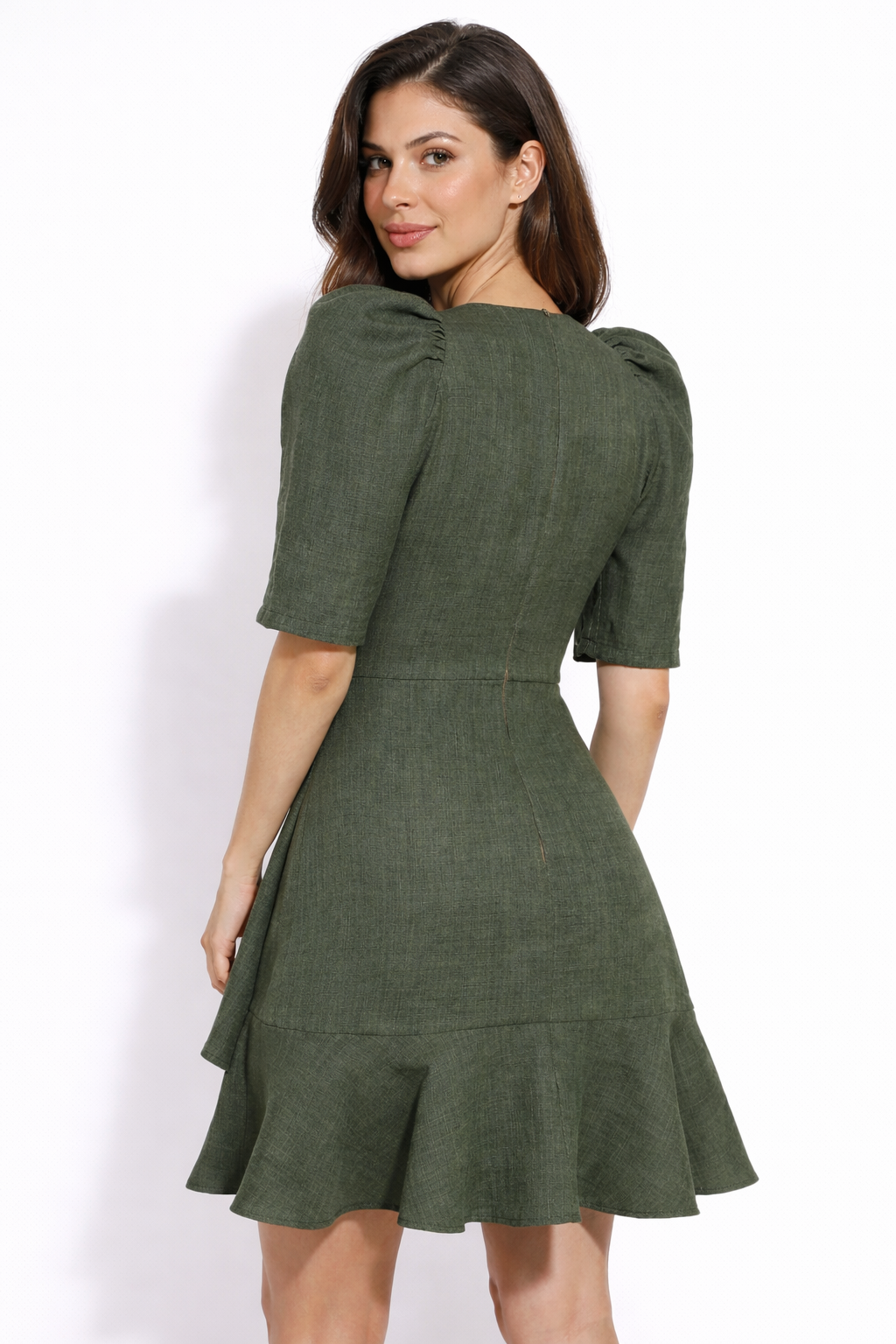 Silvia in Emerald Elegance  Designer Linen-Blend Ruffled Wrap Dress