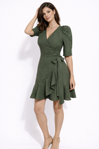 Silvia in Emerald Elegance  Designer Linen-Blend Ruffled Wrap Dress