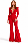Scarlet Diva Red Jumpsuit Elegant Long Sleeve Evening Jumpsuit with Structured Shoulders