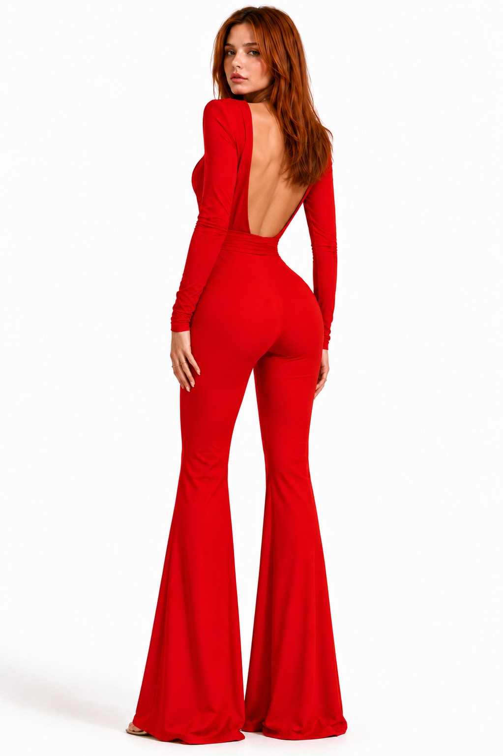 Scarlet Diva Red Jumpsuit Elegant Long Sleeve Evening Jumpsuit with Structured Shoulders