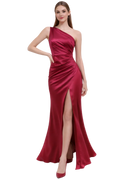 Woman wearing a red one-shoulder evening gown on a white background
