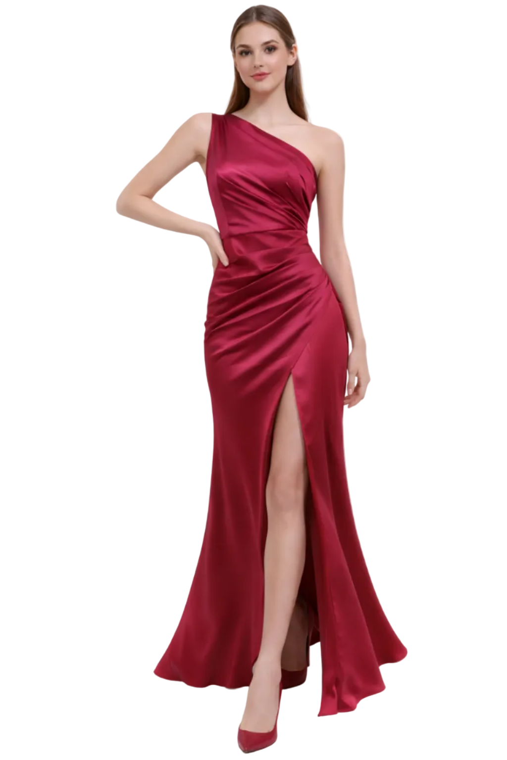 Woman wearing a red one-shoulder evening gown on a white background