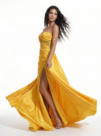 Veloura Solis Golden Satin Evening Gown Strapless Draped Couture Dress with High Slit