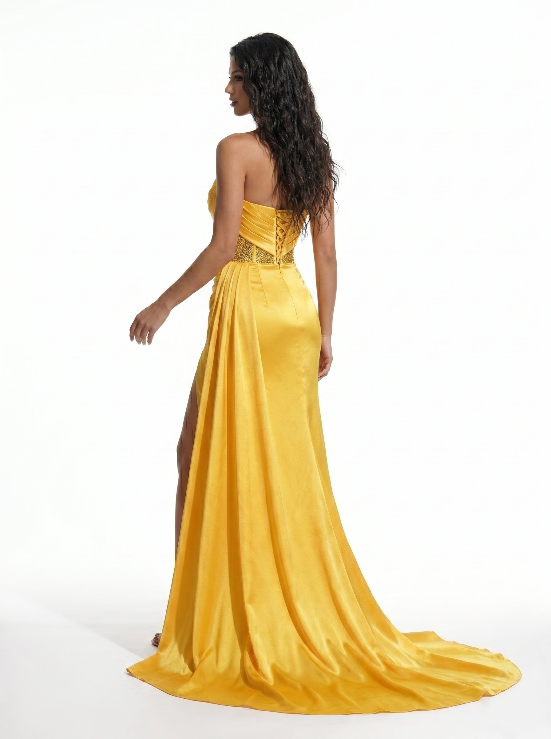 Veloura Solis Golden Satin Evening Gown Strapless Draped Couture Dress with High Slit