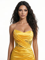 Veloura Solis Golden Satin Evening Gown Strapless Draped Couture Dress with High Slit