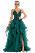 Woman wearing a green evening gown with a white background
