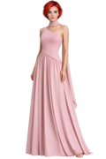 Woman wearing a pink halter neck gown on a white background