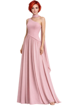 Woman wearing a pink halter neck gown on a white background
