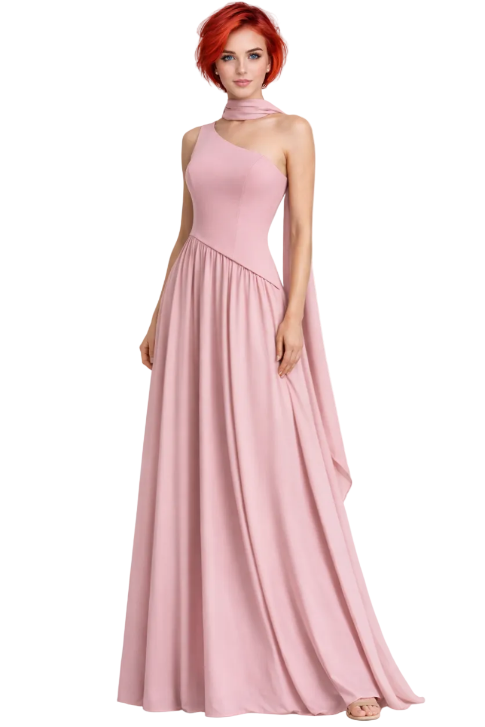 Woman wearing a pink halter neck gown on a white background