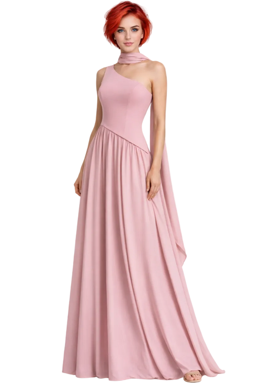 Woman wearing a pink halter neck gown on a white background