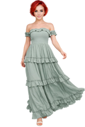 Woman wearing a light green off-shoulder ruffled dress on a white background