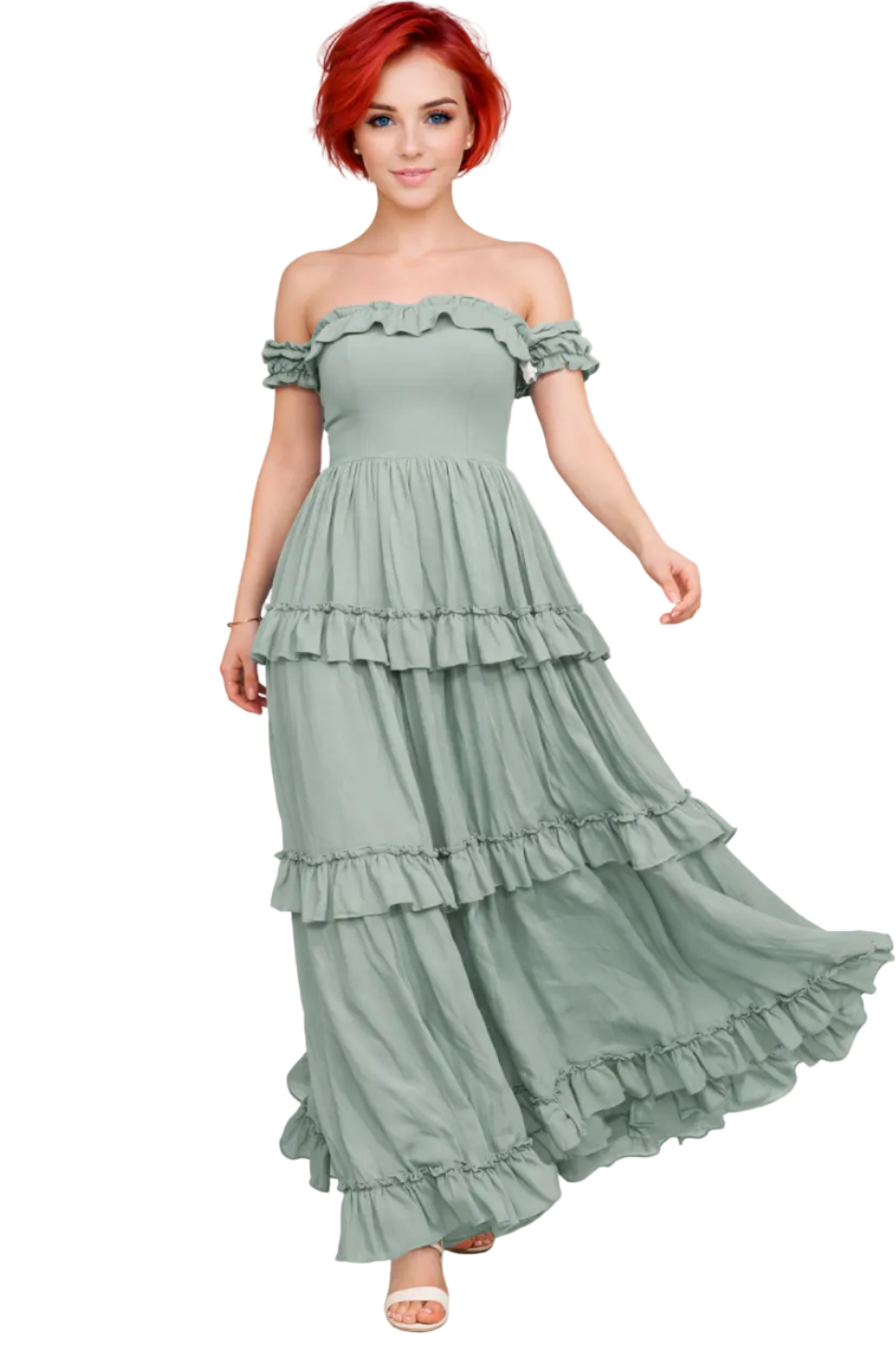 Woman wearing a light green off-shoulder ruffled dress on a white background