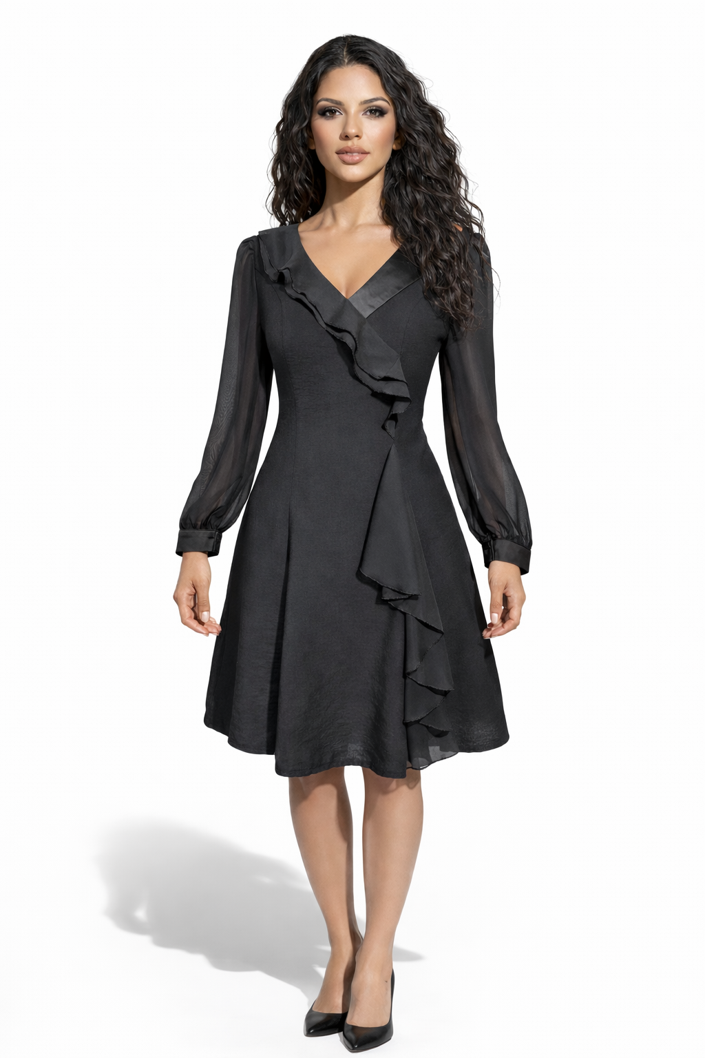 The Midnight Willow Elegant Black A-Line Midi Dress with Ruffled Lapel and Sheer Sleeves