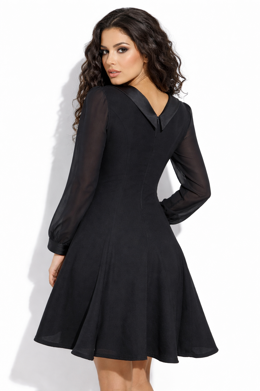 The Midnight Willow Elegant Black A-Line Midi Dress with Ruffled Lapel and Sheer Sleeves
