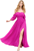 Woman wearing a pink off-shoulder gown with a slit on a white background